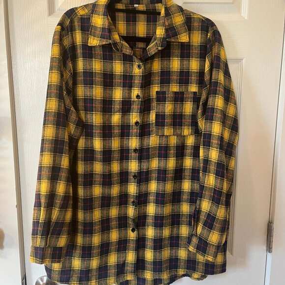Minibee Women's Cotton Plaid Long Sleeve Button-Down Shirt, Yellow, and Navy, Ex - Picture 1 of 4